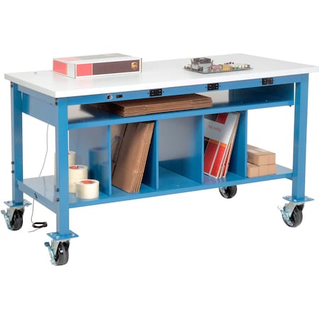 Global Industrial Mobile Packing Workbench W/Lower Shelf & Power, ESD Square Edge, 60inW x 36inD 412472AB